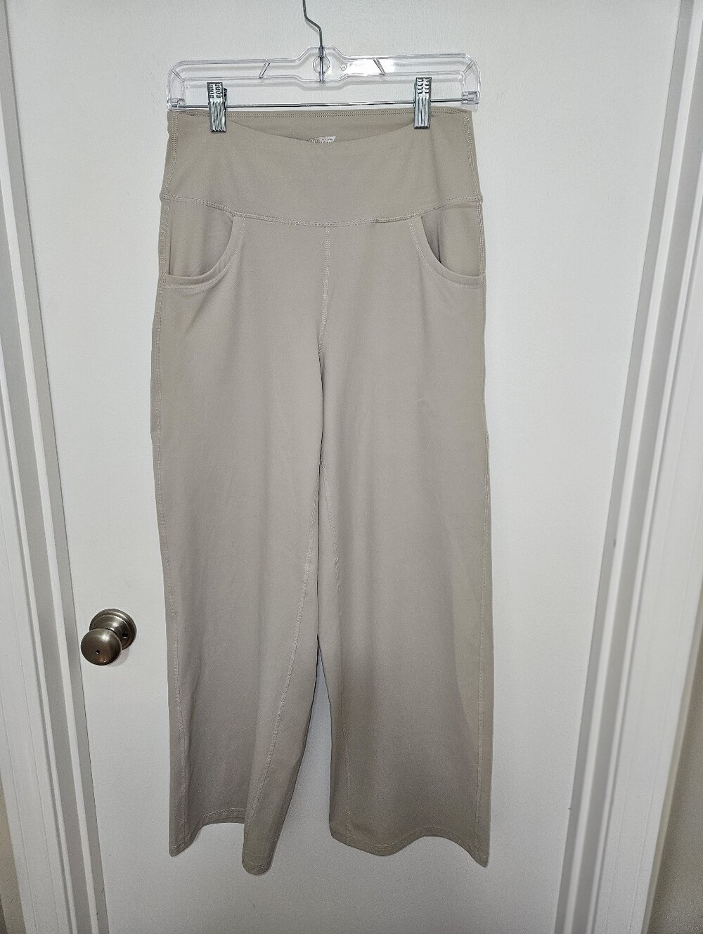Promover Womens Beige High Waisted Wide Leg Yoga Pants Medium Athleisure Pockets